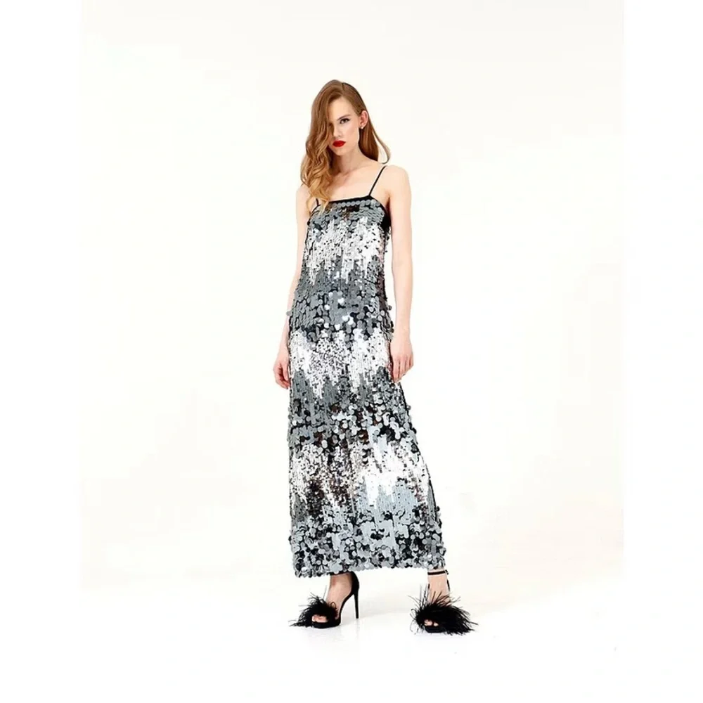 Le’ AL. X‎ Mixed Sequin Square Neck Sleeveless Spaghetti Strap Column Maxi Dress